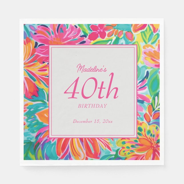 Serviette En Papier Fleurs d'aquarelle rose chaud 40e anniversaire (Devant)