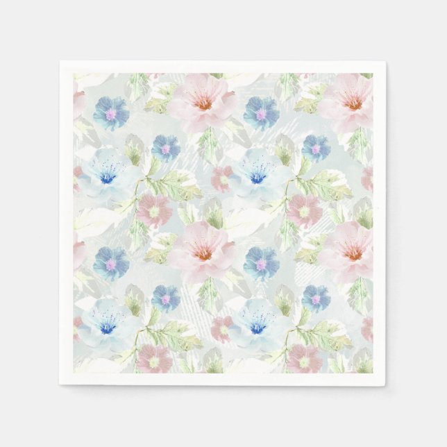 Serviette En Papier Fleurs d'aquarelle rose et bleu. (Devant)