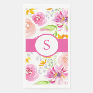 Serviette En Papier Fleurs d'aquarelle rose monogramme