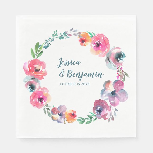 Serviette En Papier Fleurs d'aquarelle simples Mariage élégant moderne (Devant)