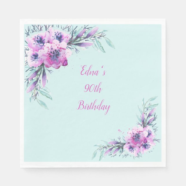 Serviette En Papier Fleurs d'aquarelle turquoise et violette 90e (Devant)