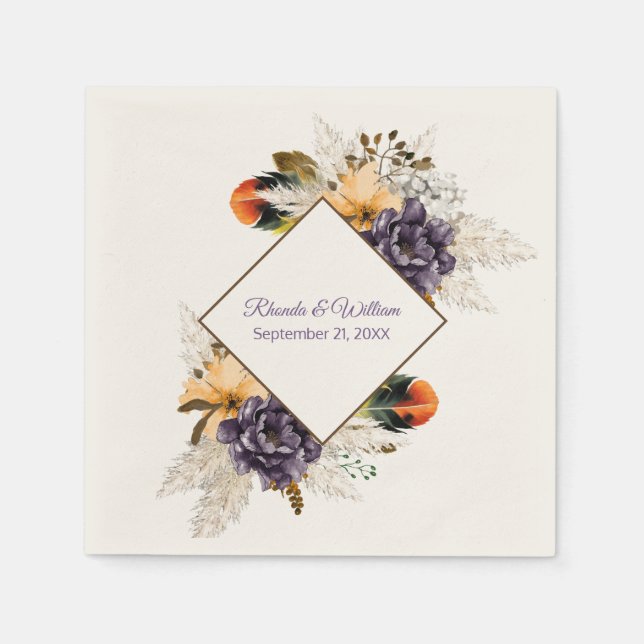 Serviette En Papier Fleurs d'automne et Mariage en herbe Pampas (Devant)