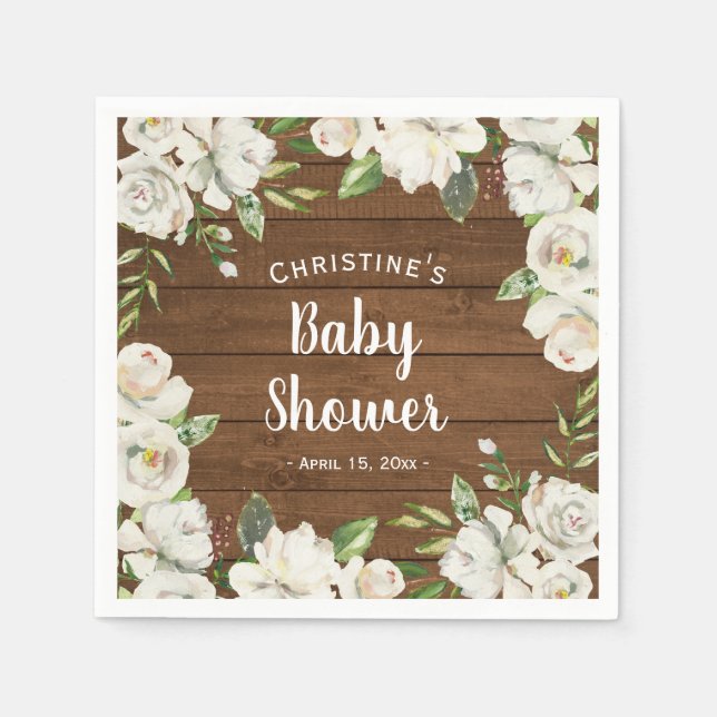 Serviette En Papier Fleurs de Baby shower en bois rustique (Devant)