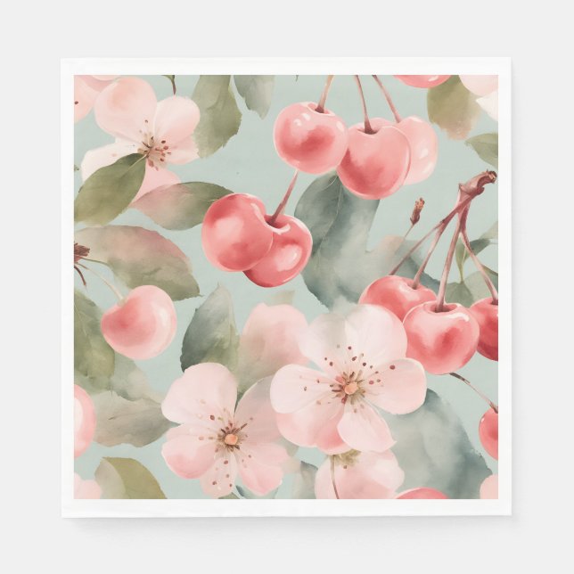 Serviette En Papier Fleurs de cerisier et cerises Art de printemps  (Devant)