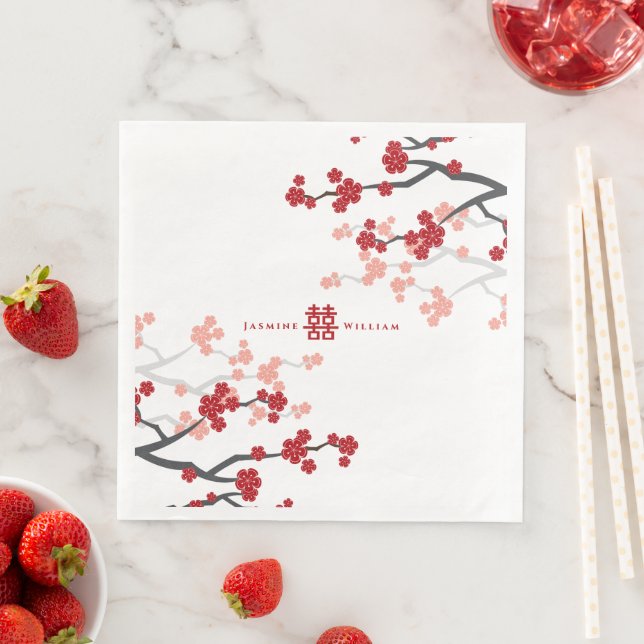 Serviette En Papier Fleurs de cerisier rouge et Mariage chinois double (En situation)