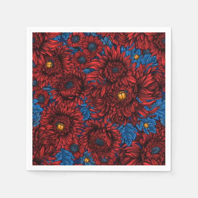 Serviette En Papier Fleurs de chrysanthème rouge et coléoptères orange (Devant)