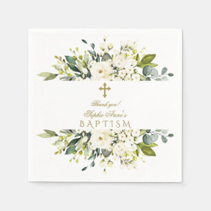 Serviette En Papier Fleurs de crème blanche délicates Croix d'or Baptê