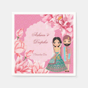 Serviette En Papier Fleurs de lotus roses avec mignon couple de mariés