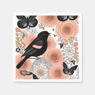 Serviette En Papier Fleurs de pêche et de charbon de bois, Robin et Pa
