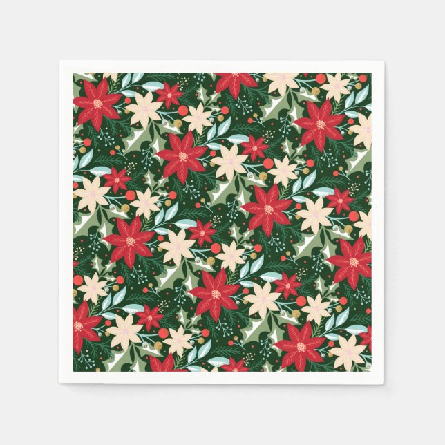 Serviette En Papier Fleurs de Poinsettia et Noël Feuille (Devant)