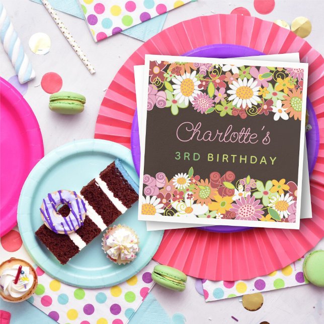 Serviette En Papier Fleurs de printemps rose Whimsical Garden Girl Ann (Pink Pastels Spring Flowers Garden Kid's Birthday Party Paper Napkins @ fat_fa_tin)