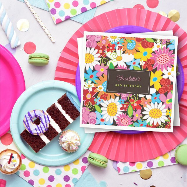 Serviette En Papier Fleurs de printemps Whimsical Jardin Fête d'annive (Colorful Whimsical Spring Flowers Garden Girl's Birthday Party Paper Napkins @ fat_fa_tin)