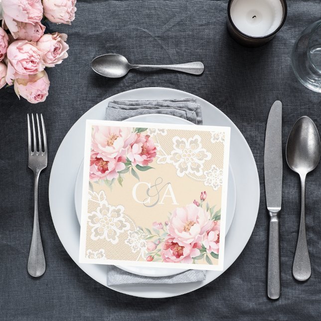 Serviette En Papier Fleurs de roses rose crème beige monogramme mariag (Créateur téléchargé)