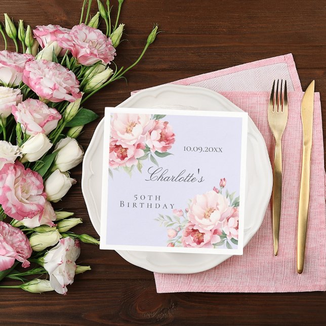 Serviette En Papier Fleurs de roses rose lavande élégant anniversaire (Créateur téléchargé)