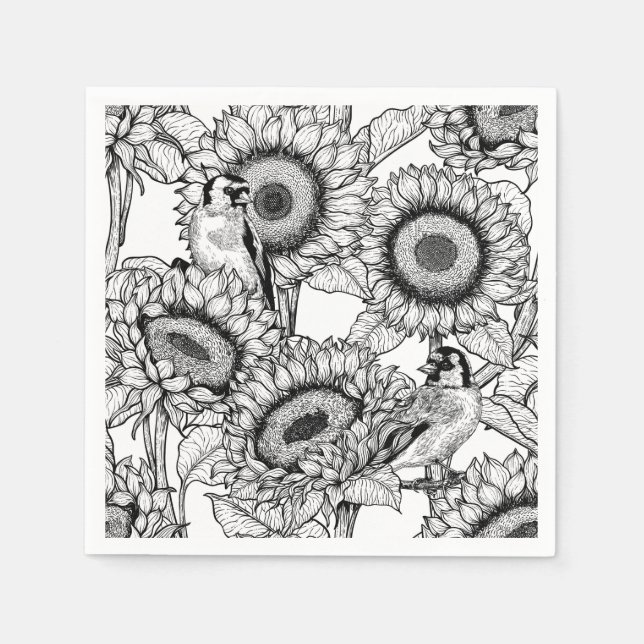 Serviette En Papier Fleurs de soleil et ailerons en noir et blanc (Devant)