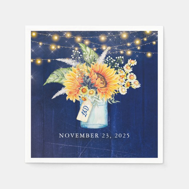 Serviette En Papier Fleurs de soleil et marguerites Marine Bleu Rustiq (Devant)