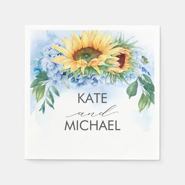 Serviette En Papier Fleurs de soleil jaunes et Hydrangée bleu foncé (Devant)