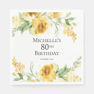 Serviette En Papier Fleurs de verdure à l'aquarelle jaune 80e annivers