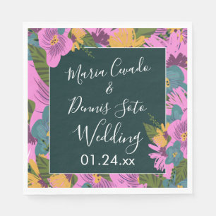 Serviette En Papier Fleurs dessinées à la main Mariage vert rose gras 