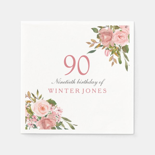 Serviette En Papier Fleurs d'or rose 90e anniversaire de fête Napkins (Devant)