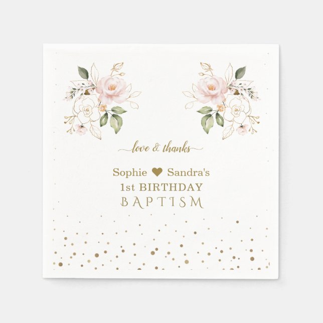 Serviette En Papier Fleurs d'or rose Filles Jumeaux 1er Anniversaire B (Devant)