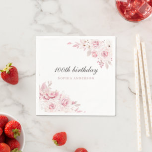 Serviette En Papier Fleurs élégantes à Blush doux 100e fête d'annivers