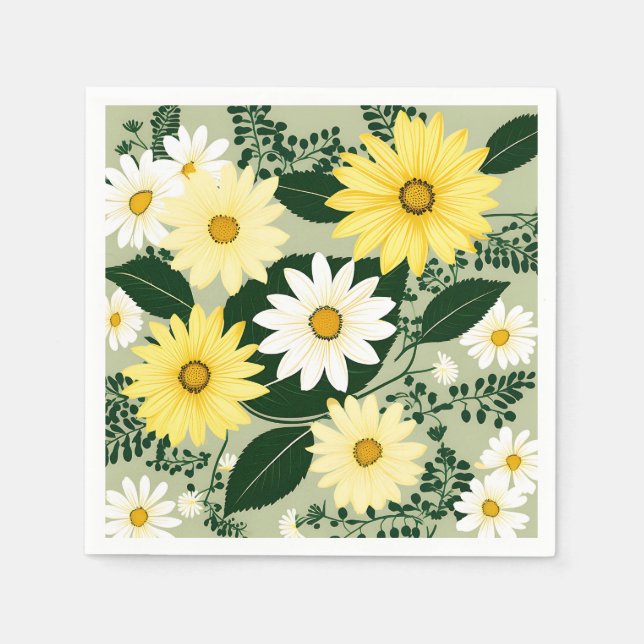 Serviette En Papier Fleurs Élégantes De Marguerites Jaunes Et Blanches (Devant)
