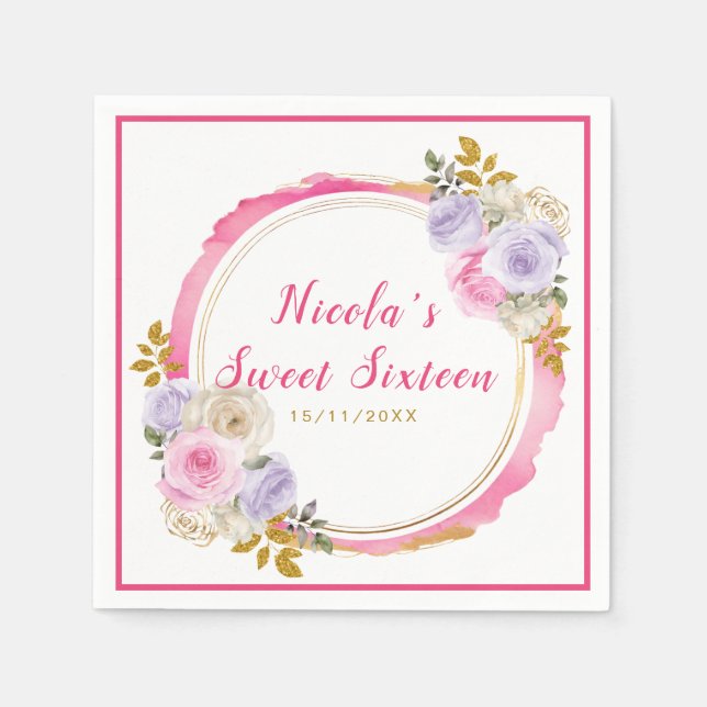Serviette En Papier Fleurs élégantes rose et violet Sweet sixteen (Devant)