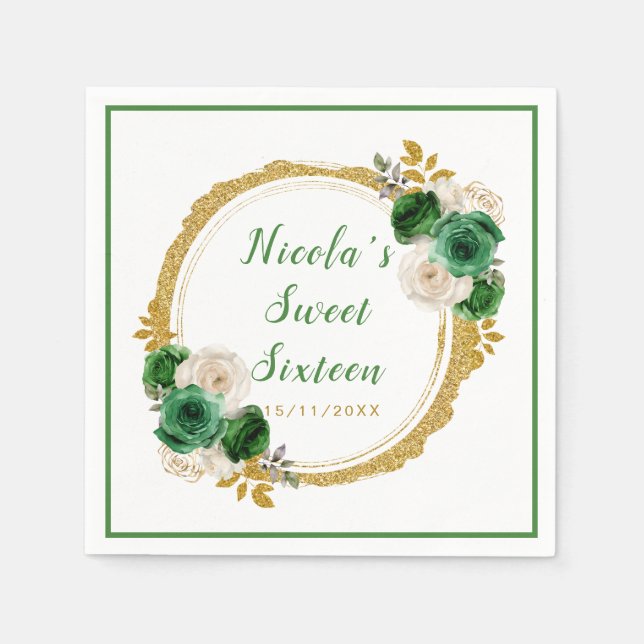 Serviette En Papier Fleurs élégantes Sweet sixteen vert foncé et or (Devant)