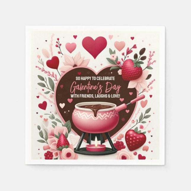 Serviette En Papier Fleurs et fraises La fête des fondues de Galentine (Devant)