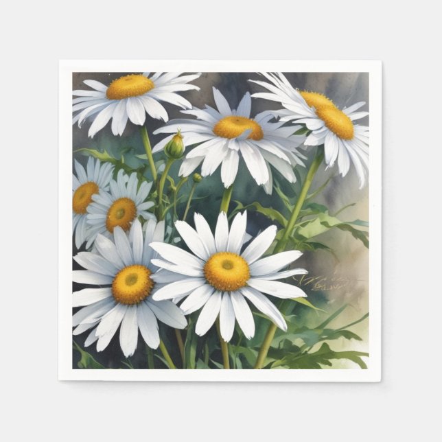 Serviette En Papier Fleurs et marguerites Elégante aquarelle (Devant)