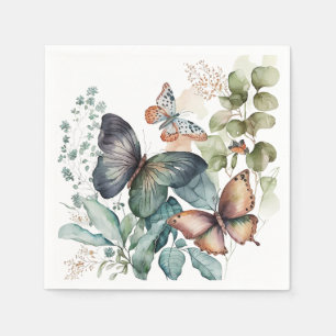 Serviette En Papier Fleurs et papillons verts romantiques