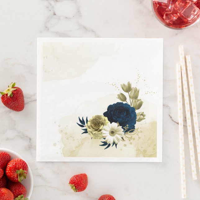 Serviette En Papier fleurs Extraordinaires en ivoire bleu marine (En situation)
