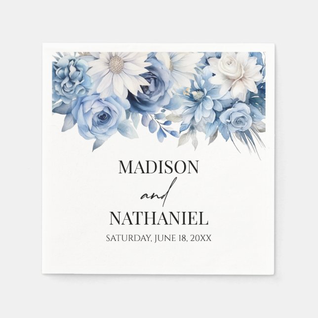 Serviette En Papier Fleurs Florales Bleues Dusty Jardin Mariage (Devant)