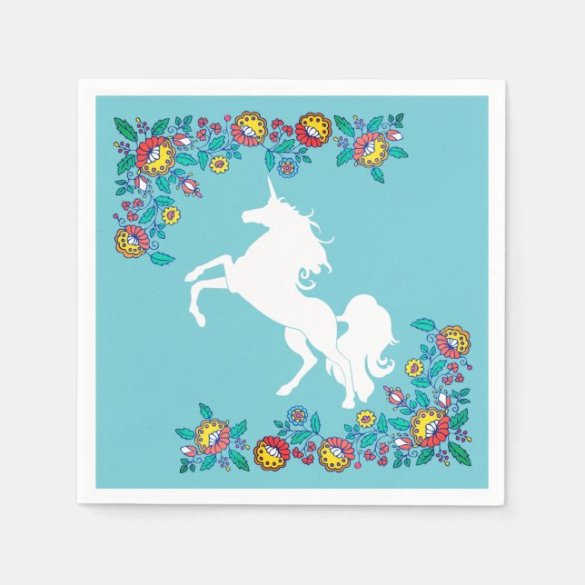 Serviette En Papier Fleurs folk Fille et licorne blanche (Devant)