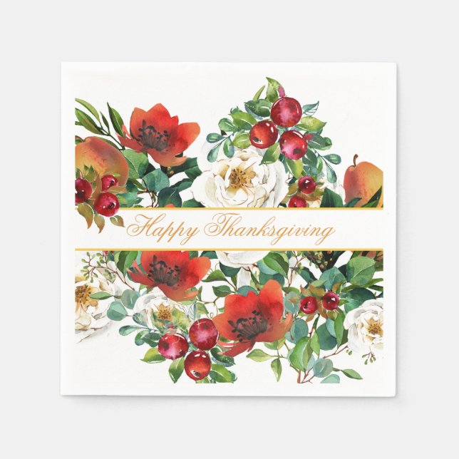 Serviette En Papier Fleurs, fruits et baies rouges Thanksgiving (Devant)