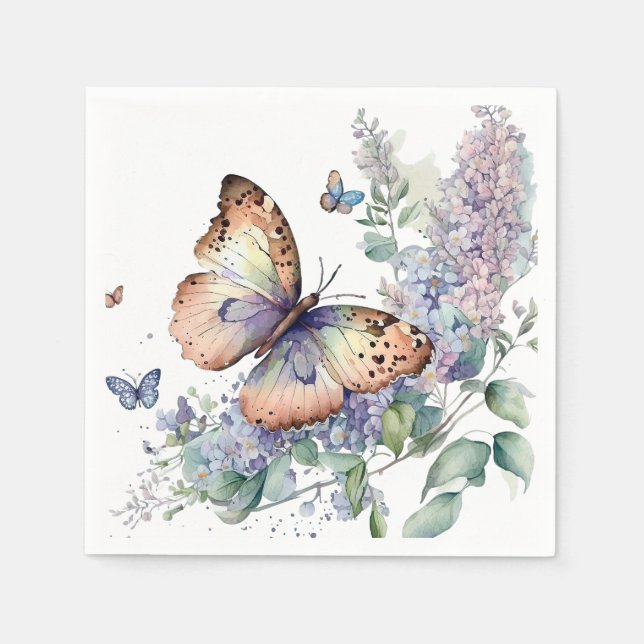 Serviette En Papier Fleurs lilas romantiques et papillon (Devant)