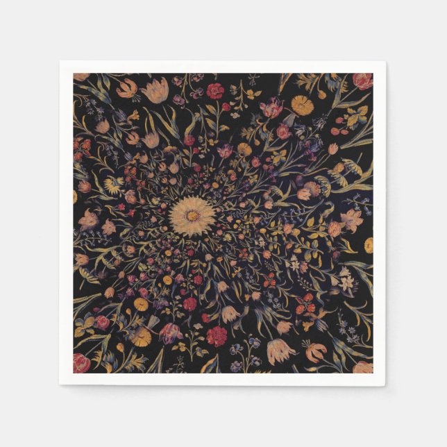 Serviette En Papier Fleurs médiévales en noir (Devant)