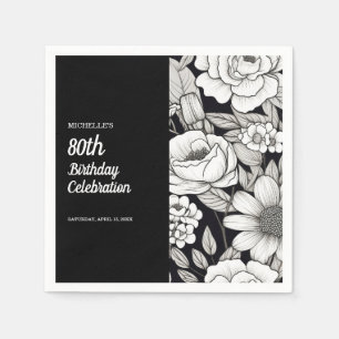 Serviette En Papier Fleurs Noir Blanc 80e Anniversaire