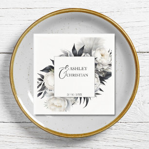 Serviette En Papier Fleurs noires et blanches modèle mariage