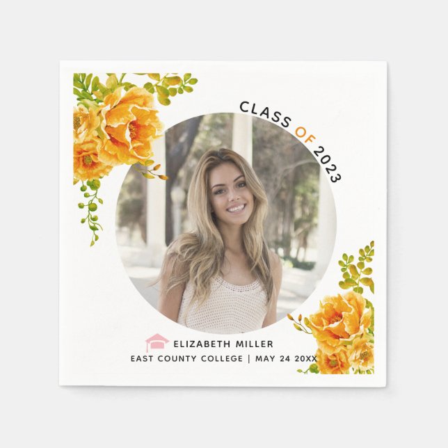 Serviette En Papier Fleurs orange Classe de photo de graduation 2022 (Devant)