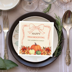 Serviette En Papier Fleurs orange de citrouille de Thanksgiving nœud p
