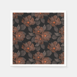 Serviette En Papier Fleurs orange et marron sur fond noir.