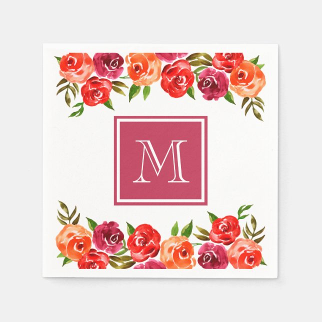 Serviette En Papier Fleurs Orange Rouge Rose Monogrammées (Devant)