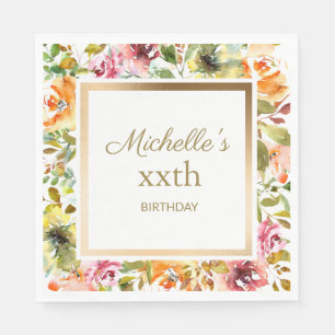 Serviette En Papier Fleurs orange rouge Vert Feuilles Or Anniversaire