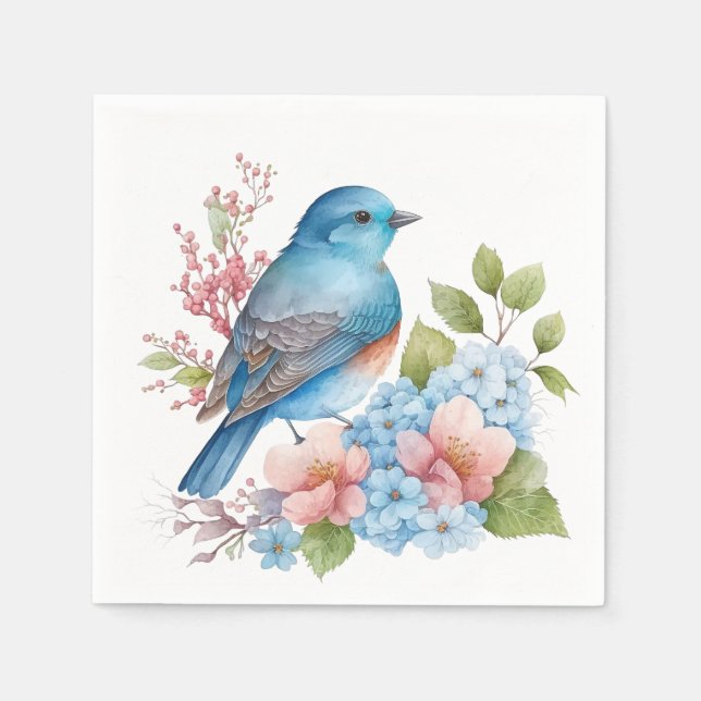 Serviette En Papier Fleurs romantiques et oiseau bleu (Devant)