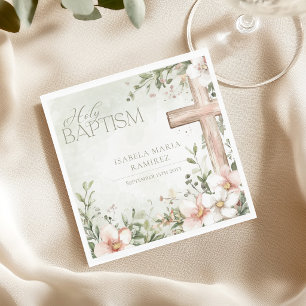 Serviette En Papier Fleurs rose blush croix en bois fille baptême