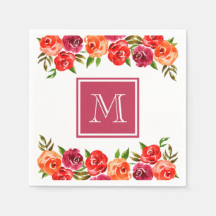 Serviette En Papier Fleurs rose rouge orange monogrammées