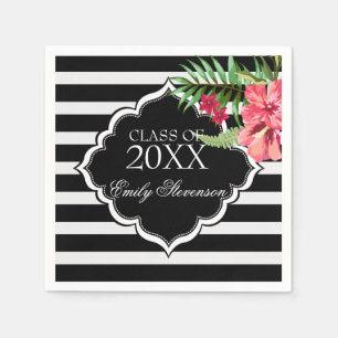 Serviette En Papier Fleurs Roses Et Bandes Noires- Graduations