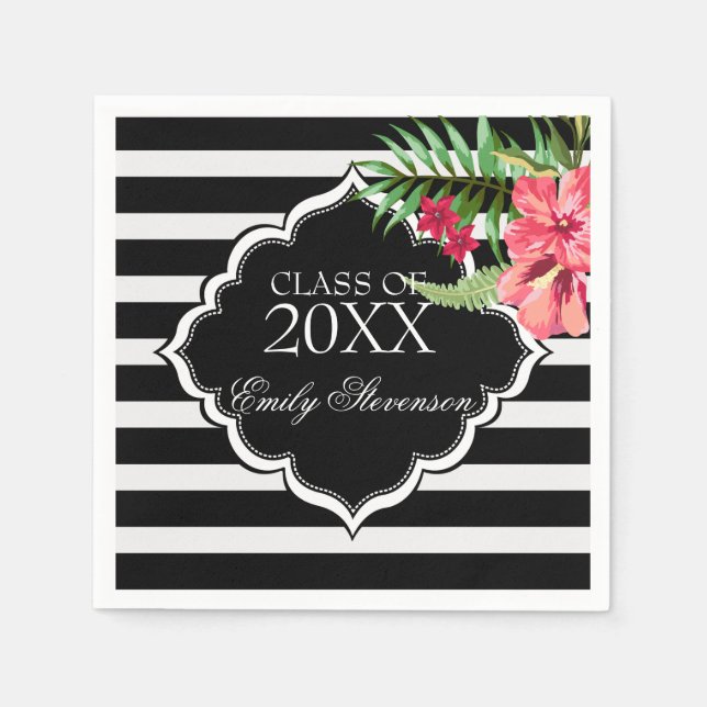 Serviette En Papier Fleurs Roses Et Bandes Noires- Graduations (Devant)